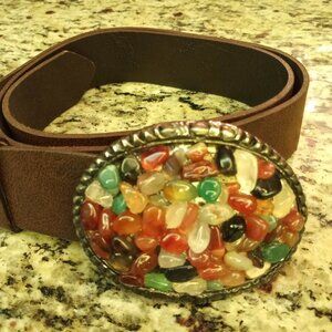 Juliana  brown belt for women, multicolor rocks , large size. Rocks Gravel Stone